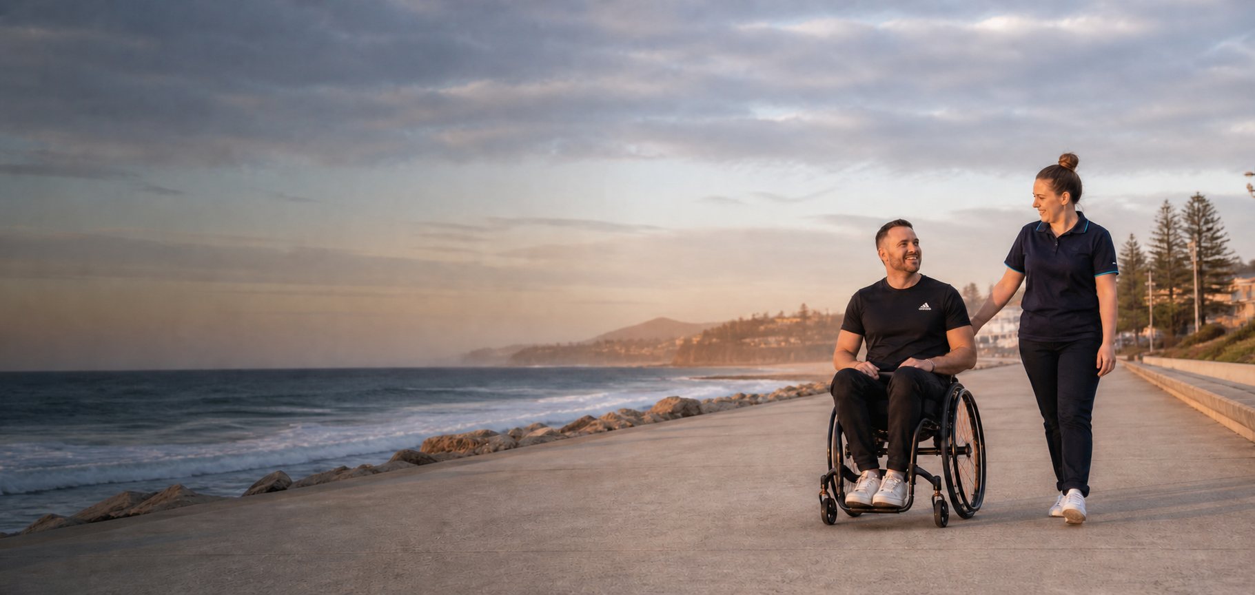 A wheelchair user and support worker enjoying an accessible coastal outing